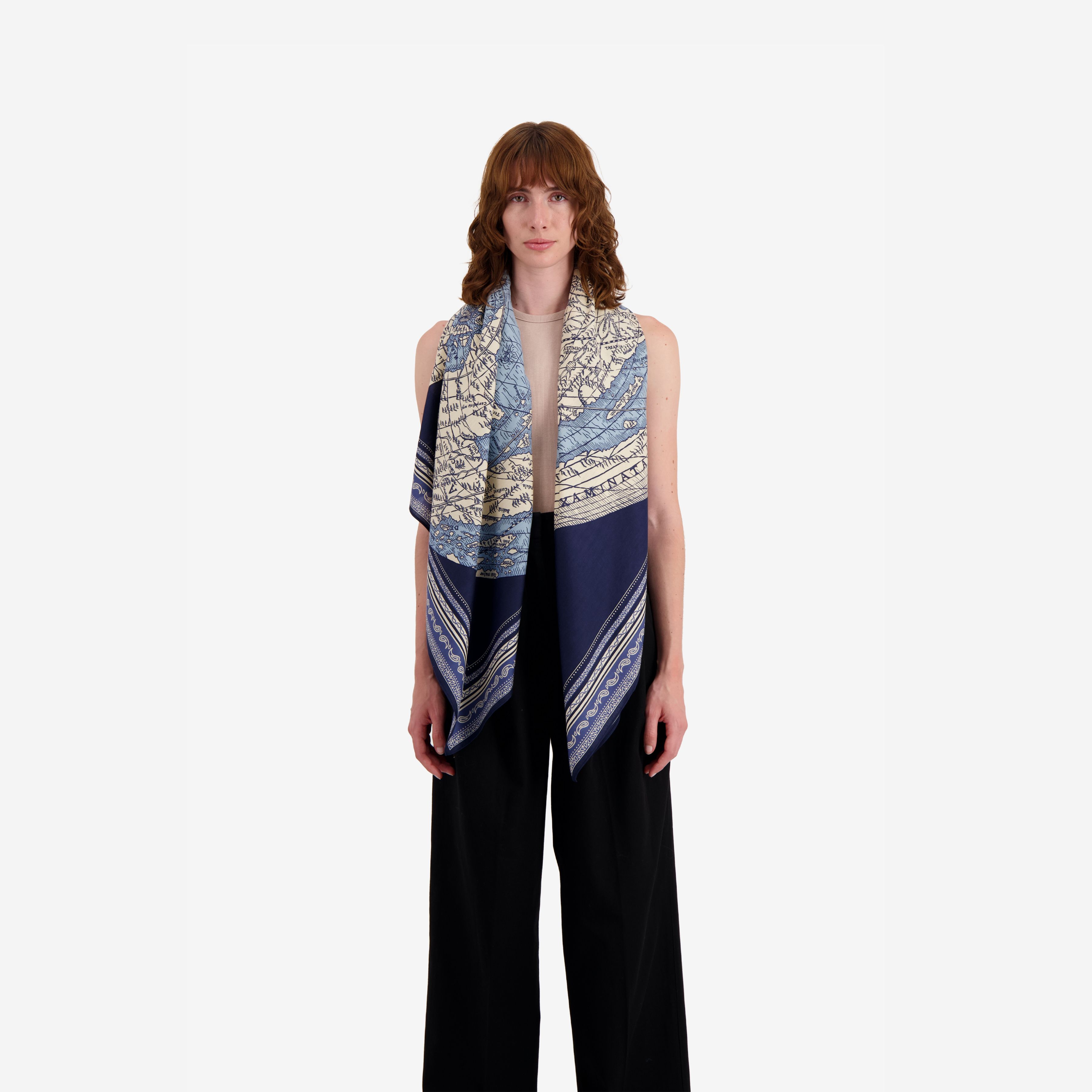 Kaschmir-Viereckstuch 130 - Mappemonde - Blau