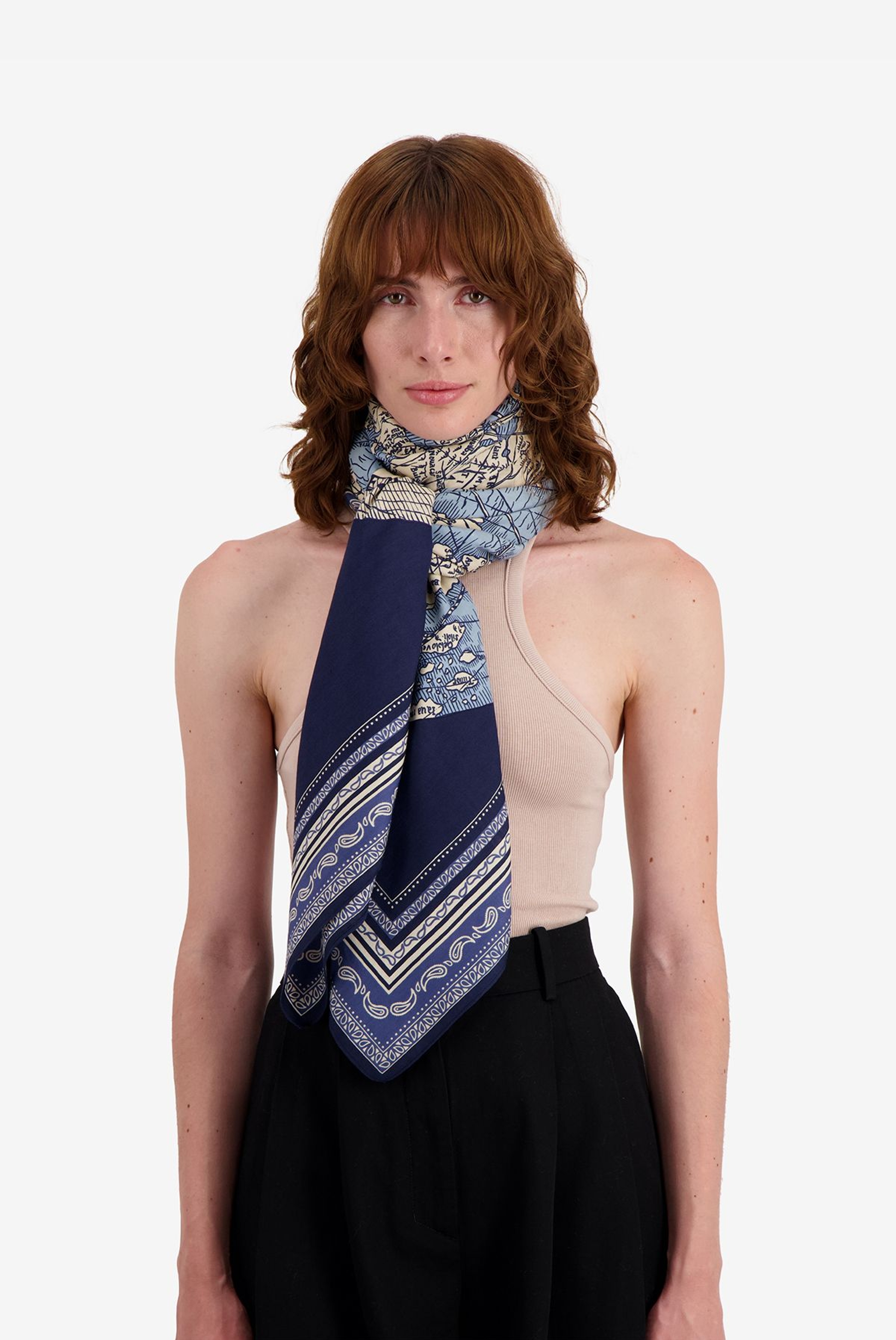 Carré en Cachemire 130 - Mappemonde - Bleu